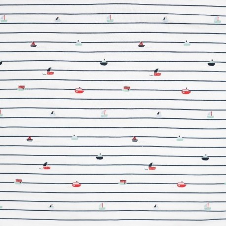 Tissu Jersey de Coton Imprimé Bateau Bleu