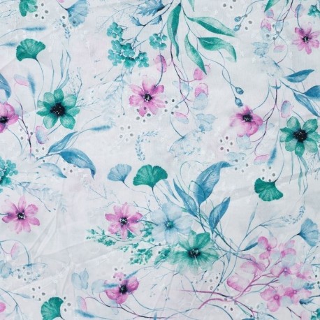 Tissu Voile de Coton Broderie Anglaise Pétrole