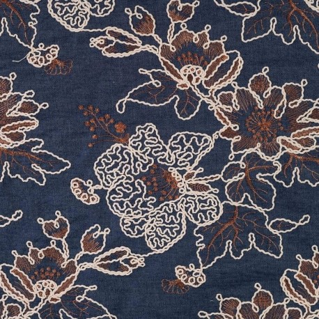Tissu Denim Brodé Fleurs