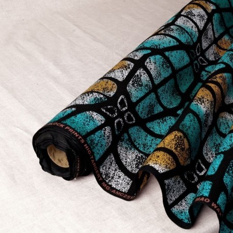 Tissu Wax Imprime Mix Géo Bleu et Jaune