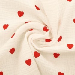 Tissu Double Gaze Imprimée Coeur Rouge 