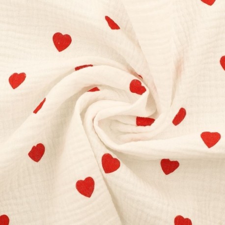 Tissu Double Gaze Imprimée Coeur Rouge 