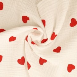 Tissu Double Gaze Imprimée Gros Coeur Rouge 