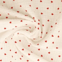 Tissu Double Gaze Imprimée Petit Coeur Rouge 