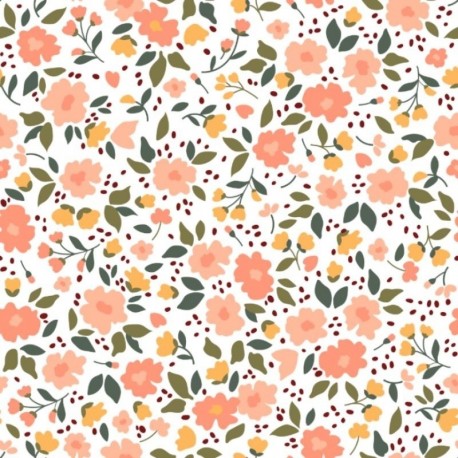 Tissu Popeline Fleurs Corail 