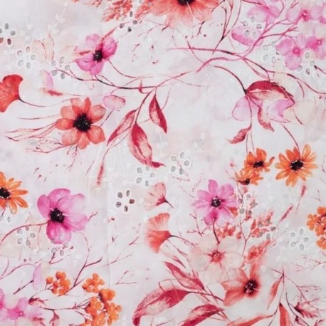 Tissu Voile de Coton Broderie Anglaise Rouge