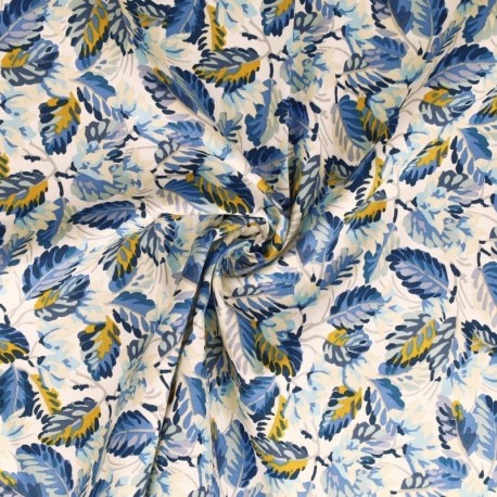 Tissu Popeline Imprimée Feuille Bleue