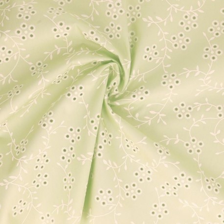 Tissu Popeline Floquée Esprit Broderie Vert Pastel
