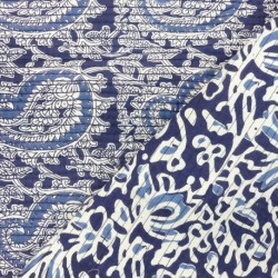 Tissu Blockprint Imprimé Tampons Mains Matelassé Double Face Floral et Paisley Bleu