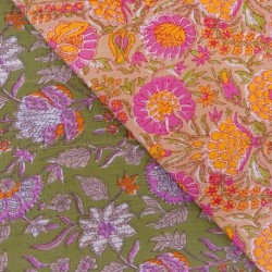 Tissu Blockprint Imprimé Tampons Mains Matelassé Double Face Floral Vert et Orange