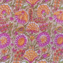 Tissu Blockprint Impression Tampons Mains Flroal Rose Fond Marron Clair