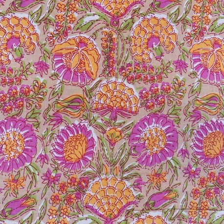 Tissu Blockprint Impression Tampons Mains Flroal Rose Fond Marron Clair