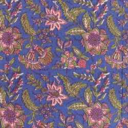 Tissu Blockprint Impression Tampons Mains Floral Fond Bleu