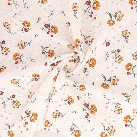 Tissu Broderie Coton Fleurs Orange
