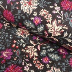 Tissu Blockprint Imprimé Tampons Mains Matelassé Double Face Floral Noir Bordeaux
