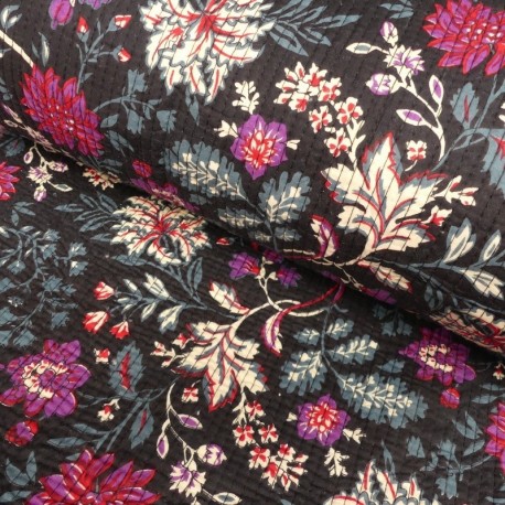 Tissu Blockprint Imprimé Tampons Mains Matelassé Double Face Floral Noir Bordeaux